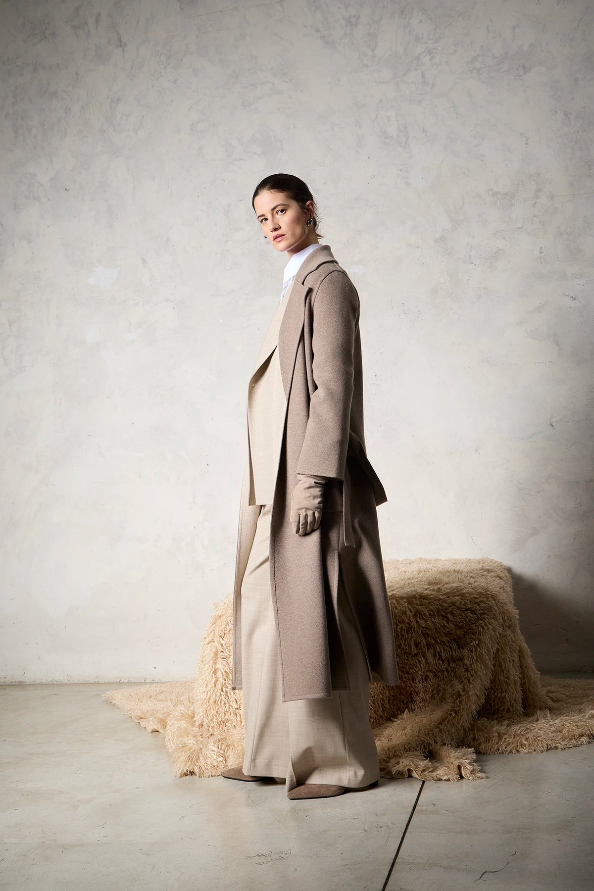 Cappotto lungo in misto cashmere con cintura Visone