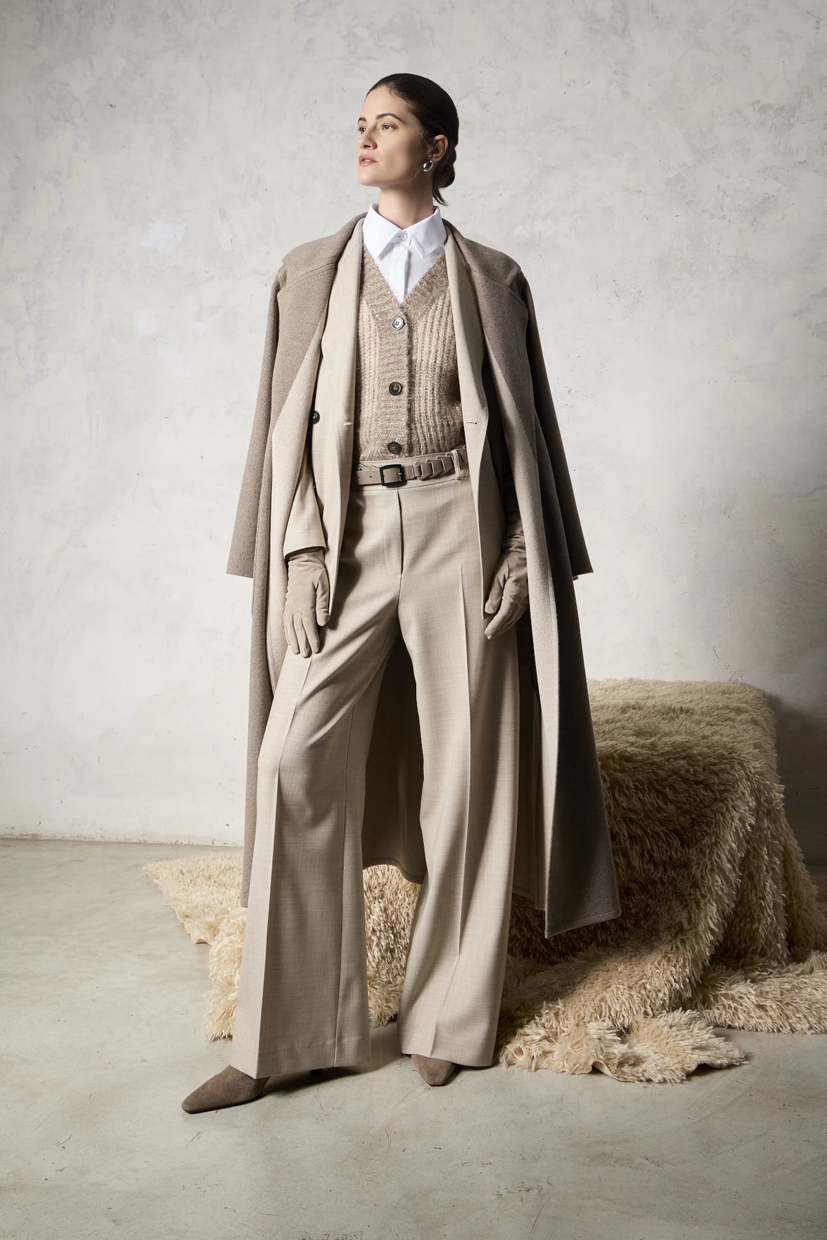 Cappotto lungo in misto cashmere con cintura Visone