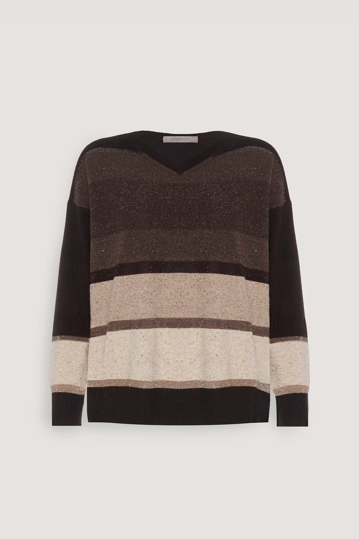 Maglia scollo a V in righe di tweed Caffè