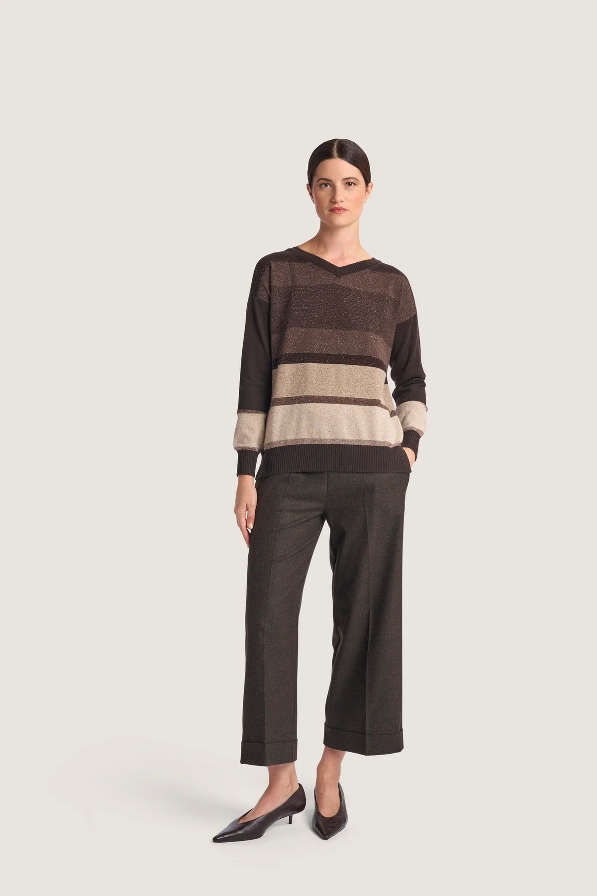 Maglia scollo a V in righe di tweed Caffè