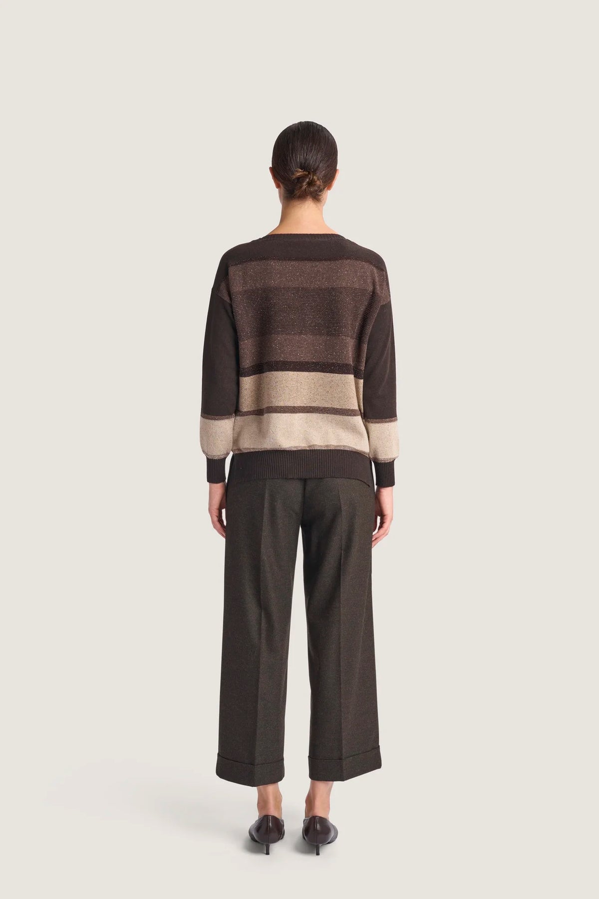 Maglia scollo a V in righe di tweed Caffè