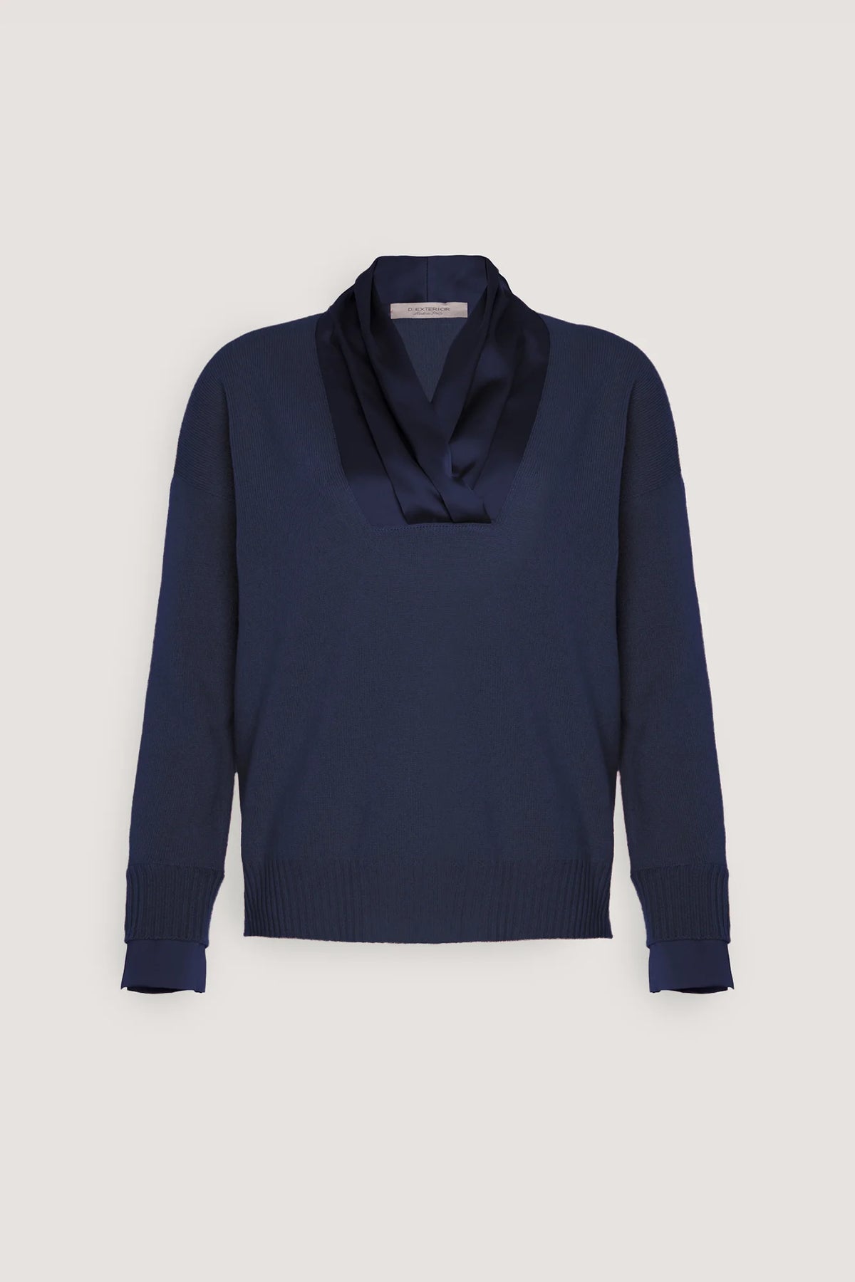 Maglia Misto cashmere con collo a scialle in raso Blu