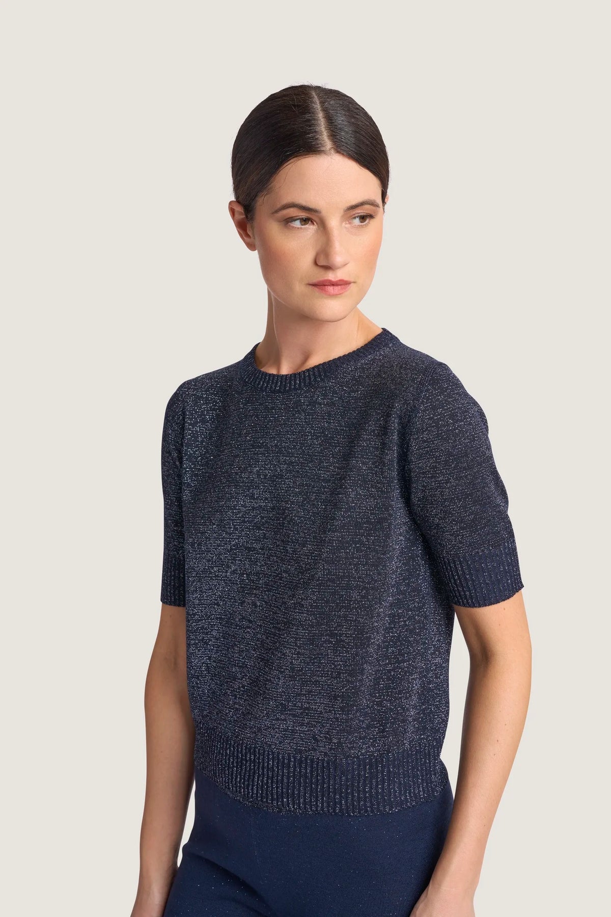 Girocollo con lavorazione vanisè di lurex Blu