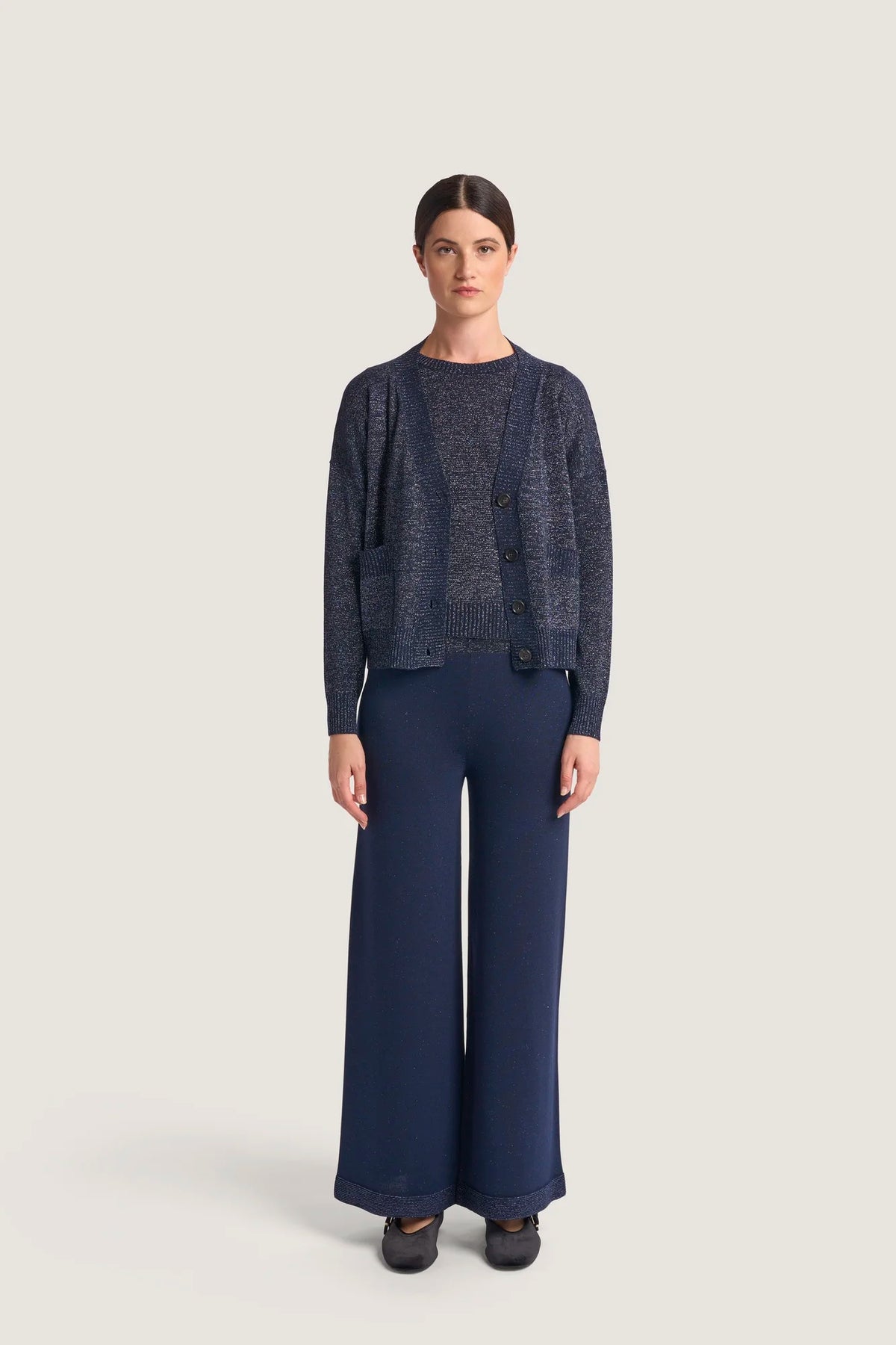 Cardigan corto con lavorazione vanisè di lurex Blu