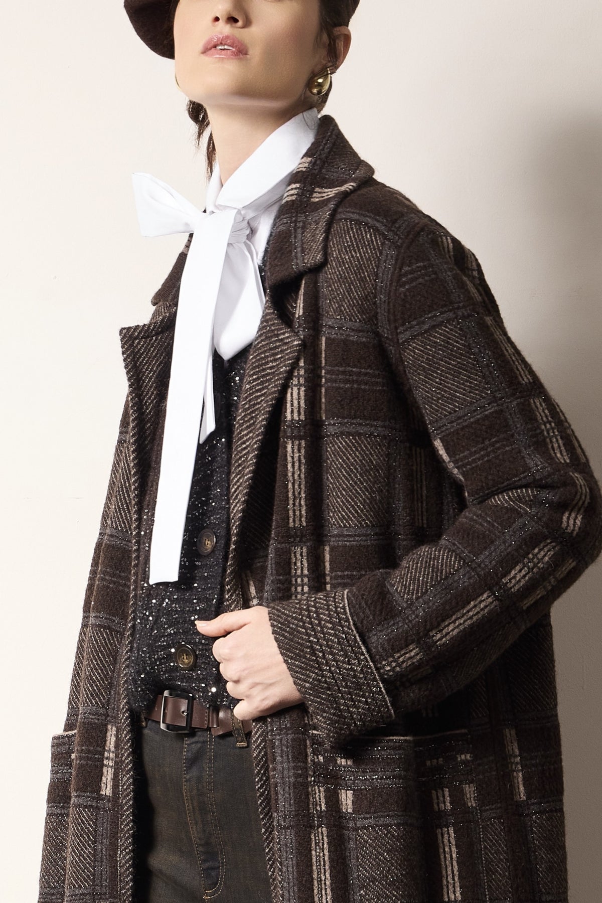 Cappotto scozzese lungo in alpaca Caffè