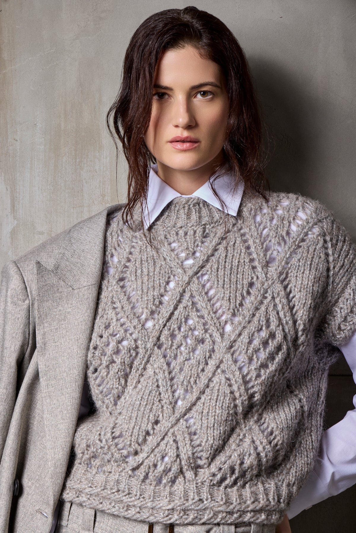 Gilet in alpaca e lurex con rombi traforati Resina