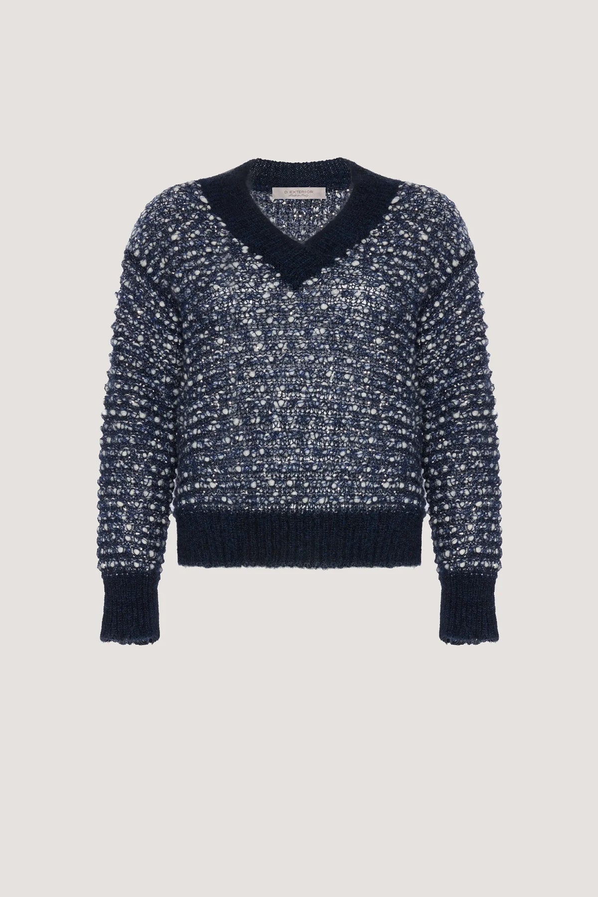 Maglia a V con paillettes e lavorazione a trafori Blu