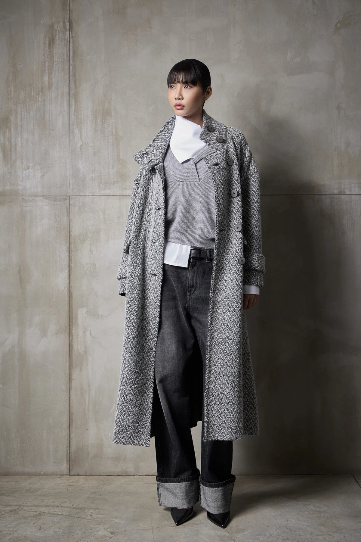 Cappotto Chevron lungo in bouclè Nero