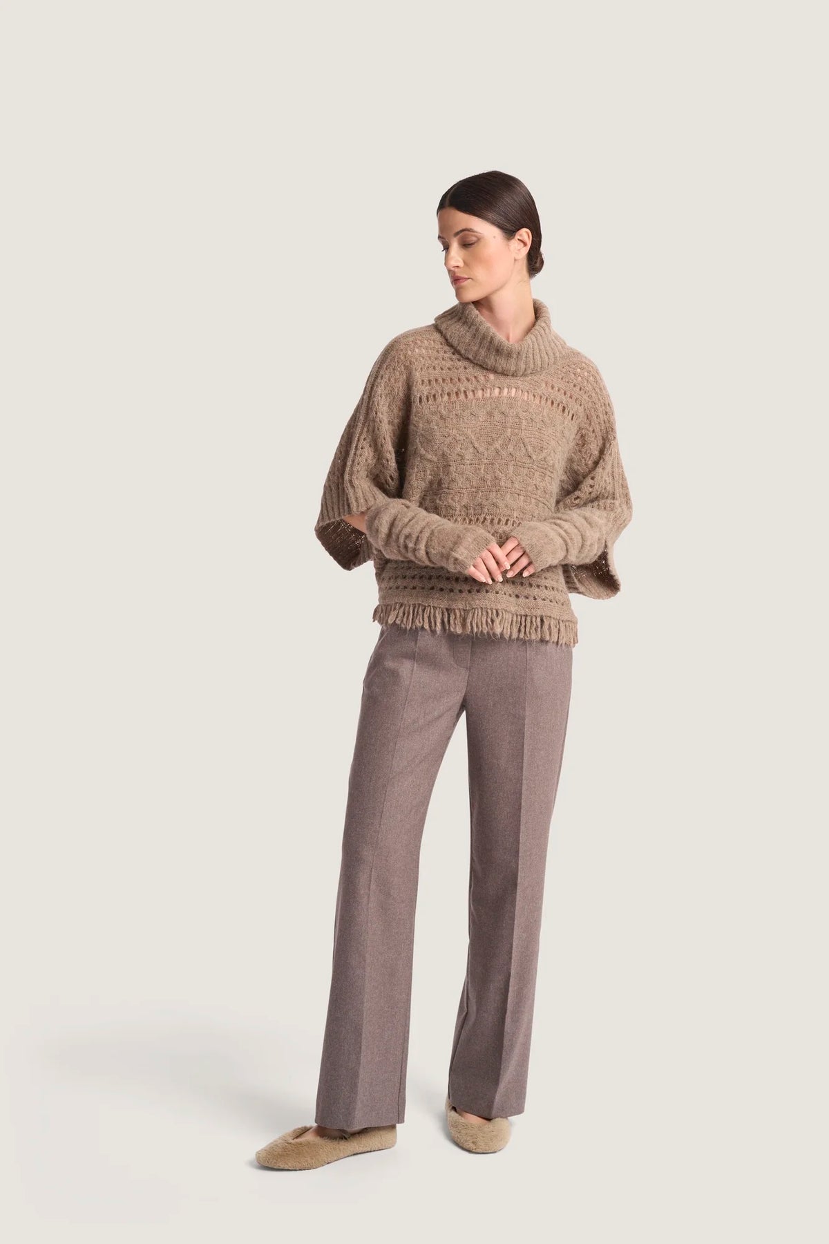 Pantalone largo in Flanella melange Visone