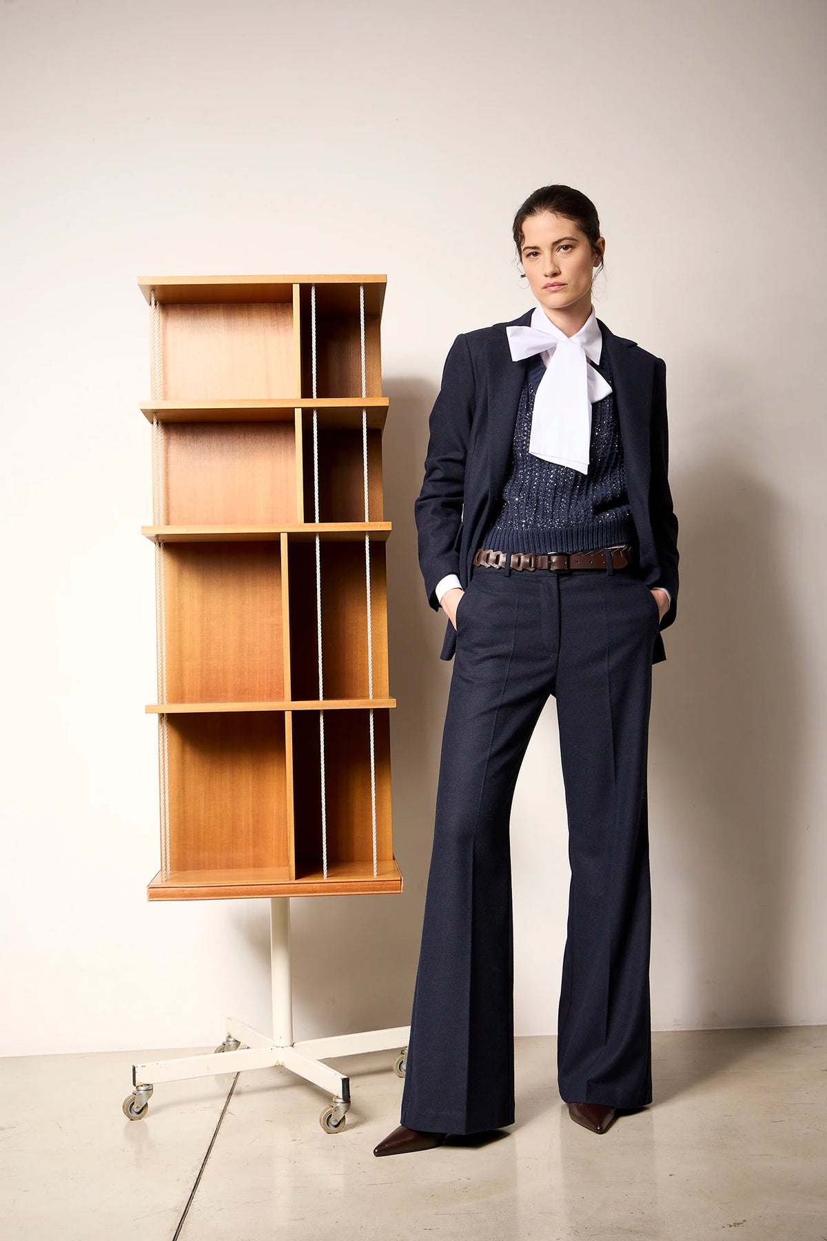 Pantalone a zampa in Flanella melange Blu