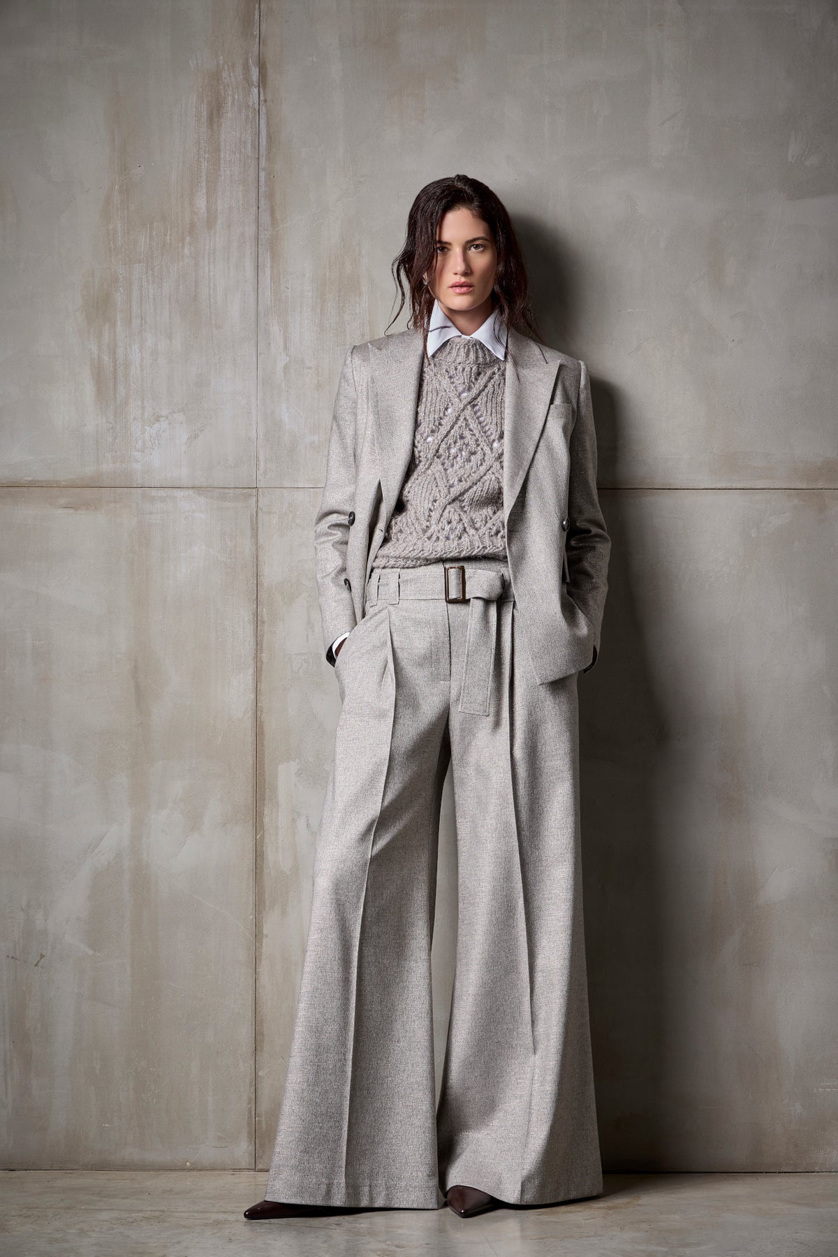 Pantalone ampio con piega e cintura in Flanella Metal Resina