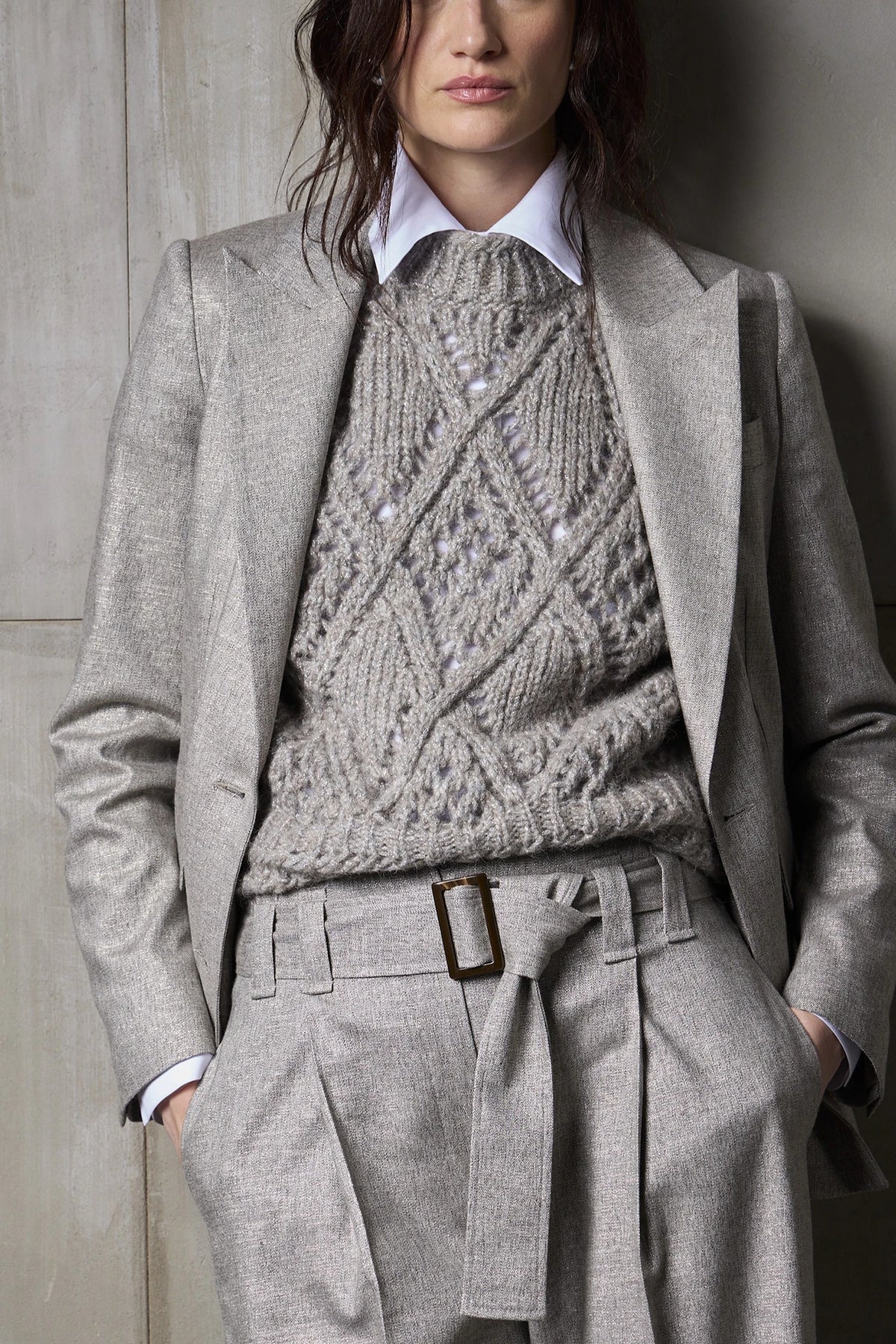 Pantalone ampio con piega e cintura in Flanella Metal Resina