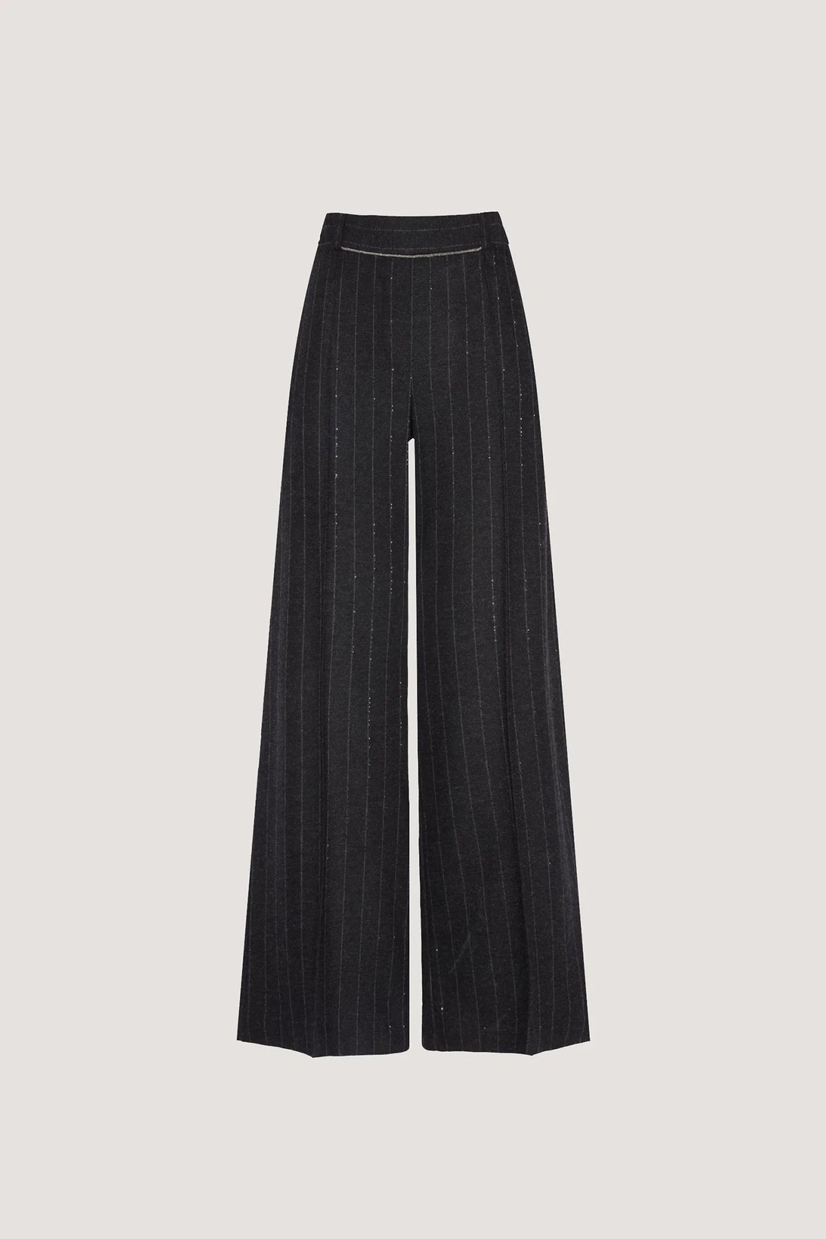 Pantalone largo in Crystal-Gessato con catenella centrale Antracite