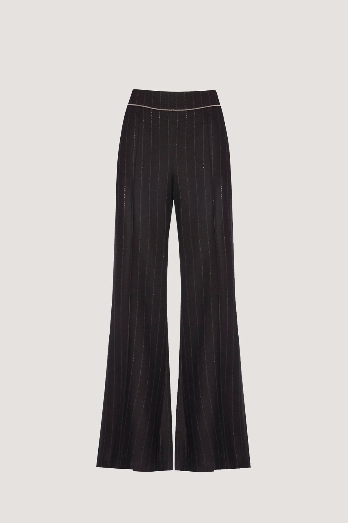 Pantalone a zampa in Crystal-Gessato con catenella a cintura Caffè