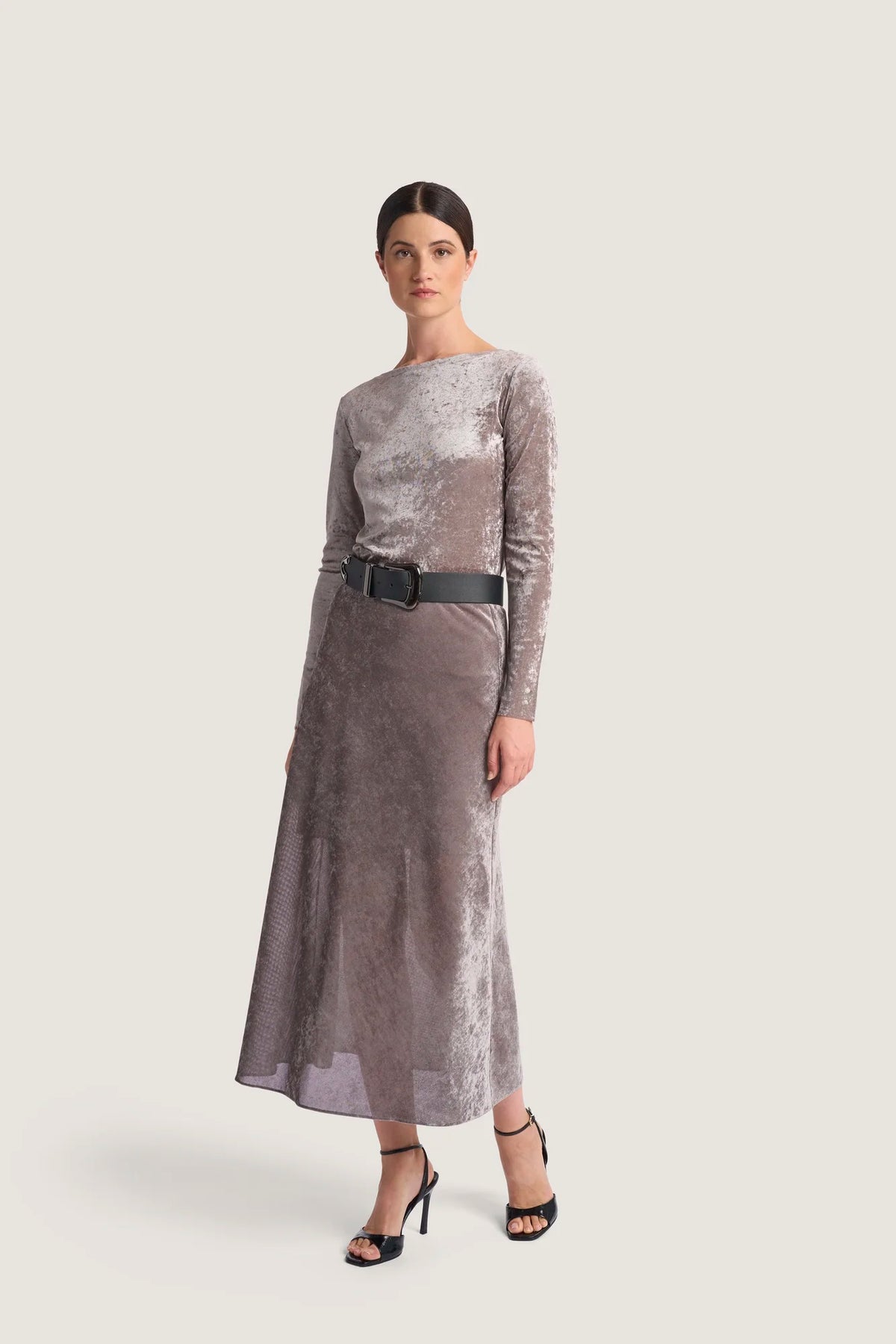 Gonna ampia in Tulle leggero floccato in velluto Granito