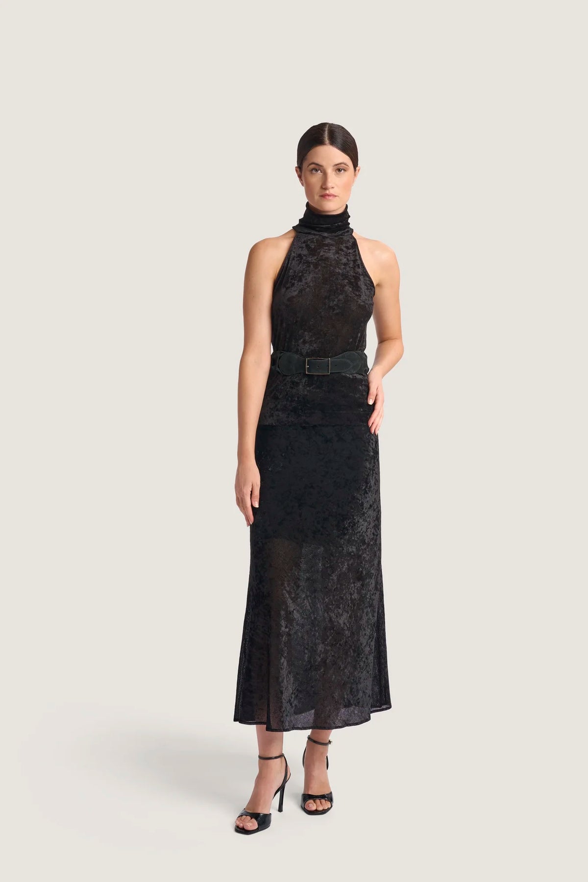Gonna ampia in Tulle leggero floccato in velluto Nero