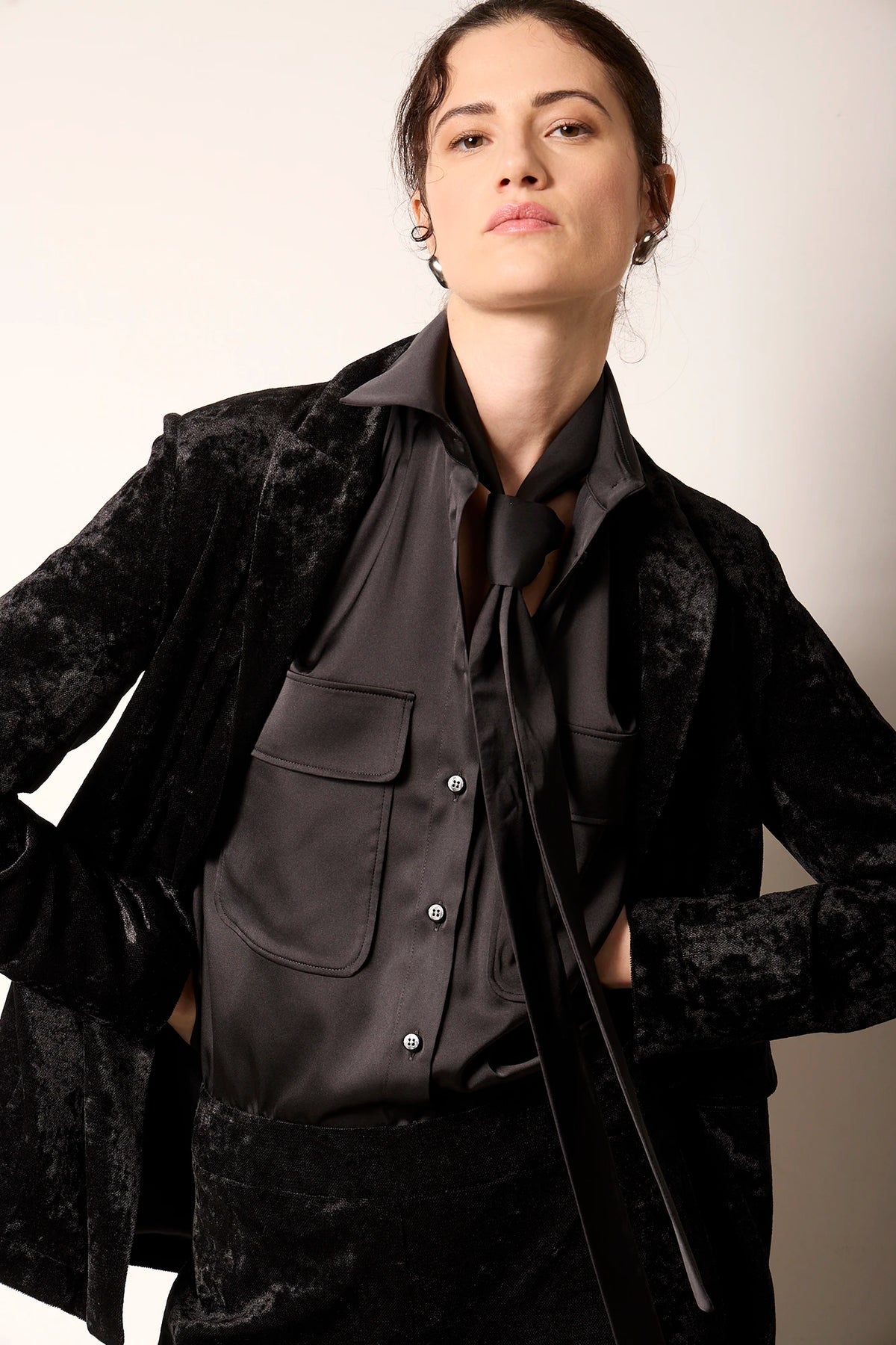 Giacca monopetto in Tulle leggero floccato in velluto Nero